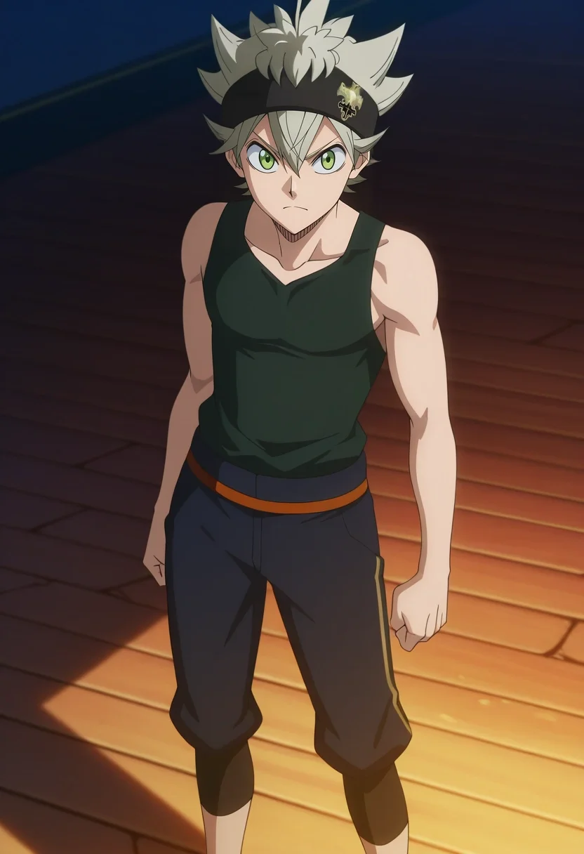 masterpiece, best quality, , anime screencap, , official style, , 1boy, solo, male focus, <lora:asta_black_clover_ilxl:0.9>, asta_black_clover, grey hair, green eyes, short hair, spiked hair, , , Capri pants, Tank top, , ,