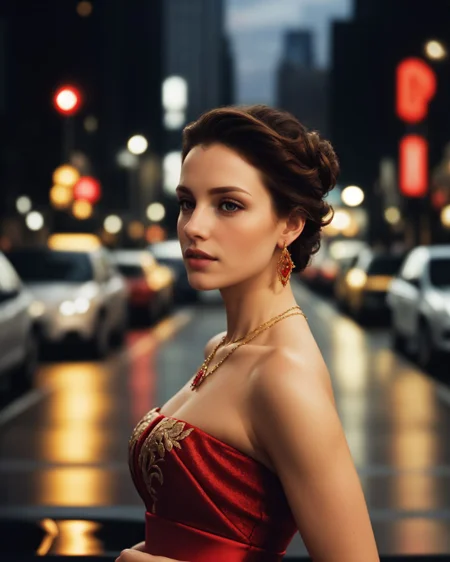 (style of [mario testino|annie leibovitz]:1.4), XD-Scene  Style-DoF, (style of Peter Lindbergh), woman, upper body, face, dressed in a couture gown, deep red, intricate lace, luxurious fabric, gold embroidery, baroque-inspired patterns, the gown hugs her silhouette, dramatic, elegant, regal, model's expression confident, intense gaze, hair styled in a tousled updo, bold red lipstick, flawless makeup, golden jewelry, necklace, earrings, exuding sophistication, poised, powerful, New York City, street scene, evening, blurred background, vibrant city lights, bustling atmosphere, the contrast between high fashion and the urban setting, neon signs, wet pavement reflecting lights, creating a cinematic effect, slight bokeh, capturing the energy of the city, blending luxury with street style, visual storytelling, modern couture, timeless elegance, the model stands out amidst the urban chaos, commanding attention, a perfect blend of glamour and grit, high-end fashion editorial, capturing the essence of New York's vibrant nightlife, bold, alluring, captivating <lora:kodak_ektar:0.8>