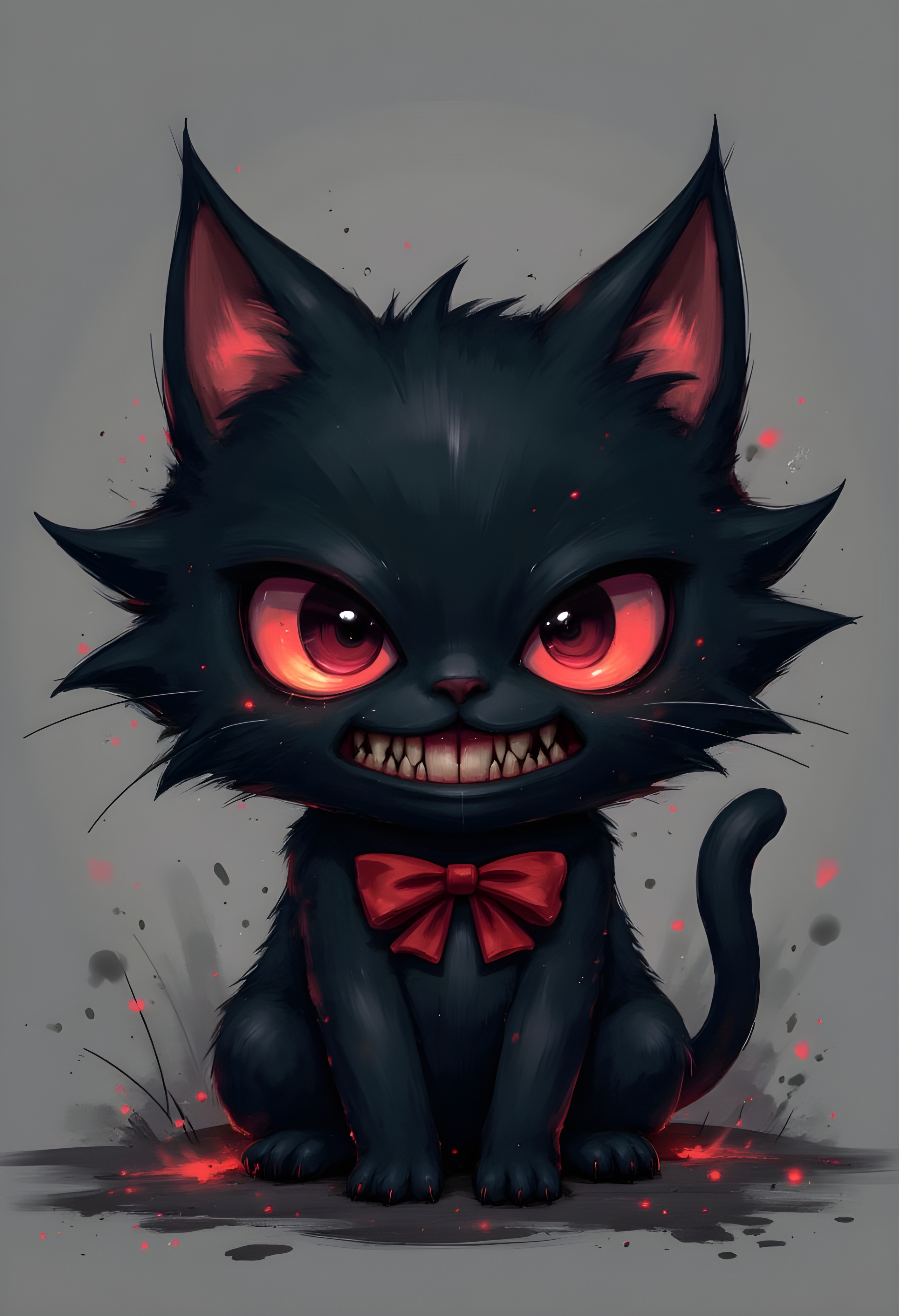 cinna flow, Cute but cursed chibi monster concept, round black fluffy cat-like creature, tiny red bowtie, innocent smiling face turning into horrifying nightmare, sharp teeth, creepy wide mouth, extra eyes and monstrous transformations, derpy yet terrifying, horror-cute cartoon style, muted colors