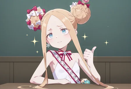 anime screenshot, anime screencap, anime coloring,  look_at_my_tsukasa, parody, sparkles, upper body, thumbs up, table, 1girl,  ballerina, absurdly long hair, hair bow, polka dot bow, white bow, red bow, double bun, blonde hair, blue eyes, parted bangs, forehead, neck ribbon, snowflake brooch, short dress, sash  <lora:Abby_Pretender:1> <lora:Look_at_my_Tsukasa_medalist_meme:1>, masterpiece, best quality, amazing quality, very aesthetic, absurdres, highres, newest