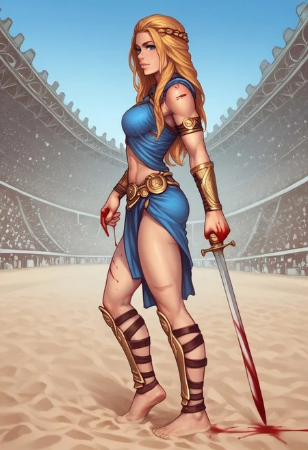 1girl, (((side view))), illustration, highly detailed, skinny, model body, looking at viewer, 1girl, masterpiece, best quality, femgladiator, solo, scar, bloody, <lora:Gladiator_F_For_Honor:0.9> BREAK
(((((Bestiary gladiator armor, holding wide long dagger in hands))))), ((((dynamic pose))))
long hair, blonde hair, big hair, blue eyes,
(((a short soft tunic, arms and legs bandaged with tight bandages, leggings worn)))
best quality, depth of field, bokeh, (((full clothed))), dynamic pose
BREAK
((((outdoor, gladiator arena, sand, colosseum, bloody, gore:1.2)))) score_9, score_8_up, score_7_up, score_6_up, source_cartoon, rating_explicit, Expressiveh, ((((full body))))), dynamic pose, dynamic pose