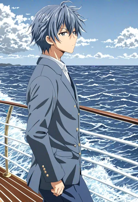 high resolution, solo, best quality, 1Boy, Tomoya Okazaki, Grey Blue Hair, sea, bow cruise ship, stong wind, ocean, OverallDetail