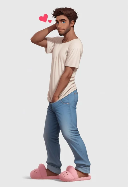 Arabian 25yo Naveen, 1boy, medium dark brown skin, slender manly body, combed medium brown hair, light blue eyes, facial expression loving, subtle beard stubble, baggy shirt, loose jeans, standing pose, leaning side view, hearts, fuzzy slippers