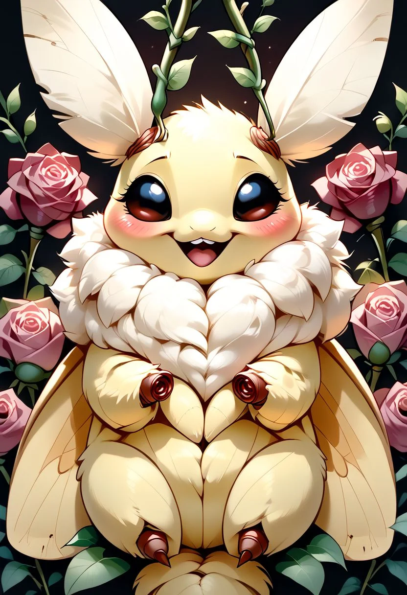 score_9, score_8_up, score_7_up, source_cartoon, solo, adorable Anthropomorphic Moth, happy, (Squeaking, visible squeak:1.1), (tiny size:1.2), blushing, moaning, (white neck fuzz, female, moth eyes, moth head, arthropod abdomen, moth traits:1.1)
BREAK
(Rose background, rose vine around image, plant borders:1.5), (detailed image, high resolution, 5k resolution:1.0), Expressiveh, (las lindas art style:0.75)