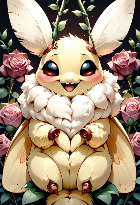 score_9, score_8_up, score_7_up, source_cartoon, solo, adorable Anthropomorphic Moth, happy, (Squeaking, visible squeak:1.1), (tiny size:1.2), blushing, moaning, (white neck fuzz, female, moth eyes, moth head, arthropod abdomen, moth traits:1.1)
BREAK
(Rose background, rose vine around image, plant borders:1.5), (detailed image, high resolution, 5k resolution:1.0), Expressiveh, (las lindas art style:0.75)