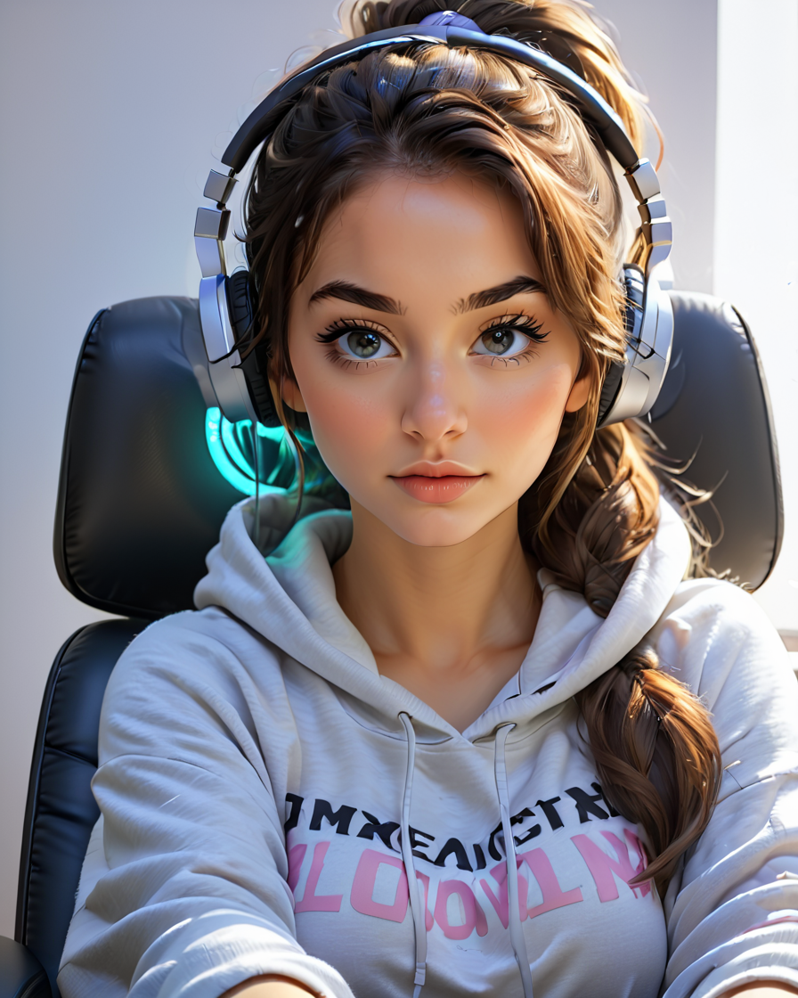 <lora:Anna_Rice:1>, A cute streamer girl, lazy ponytail, sitting in her gaming chair, ((streamer)), long eyelashes, wearing a cozy oversized hoodie, her face lit by computer screen, dim lighting, ((gaming setup, gaming chair, gaming monitor)), streaming setup, 20 years old, curvy, focus on face, face near viewer, loose shirt, ((headphones)), (off shoulder shirt, shirt falling down, breast exposed, nip slip, downblouse, small perky breasts, cleavage), (from above). Highly detailed beautiful expressive eyes. Photorealistic, Natural atmospheric lighting, intricate details, 35mm photograph, film, professional, 4k visuals, highly detailed, elegant, studio quality.
