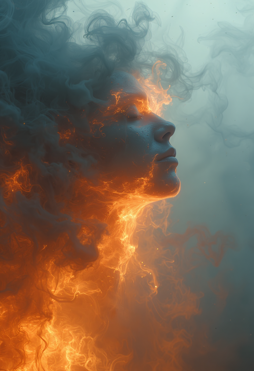 a dipiction of a fire keres, (disintegrating and dissolving into fog and smoke:1.9), (blending form with reality:1.9). Framed in thick volumetric fog. diffused light, delicatly, whispering, eye catching masterpiece artwork. drifting fog, cracked light and scattering smoke in a dreamlike reality.