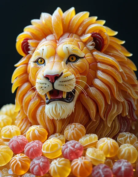 cinematic still 1lion, made from candy, portrait . emotional, harmonious, vignette, 4k epic detailed, shot on kodak, 35mm photo, sharp focus, high budget, cinemascope, moody, epic, gorgeous, film grain, grainy, 1lion, made from candy, portrait, sharp focus, beautiful, highly detailed, cinematic, dynamic light, elegant, intricate, innocent, background, inspired, new epic, shiny, colorful, deep vibrant colors, surreal, amazing, symmetry, thought driven, intense, complex, inspirational, cheerful, hopeful, unique, awesome, artistic, pure, romantic, passionate