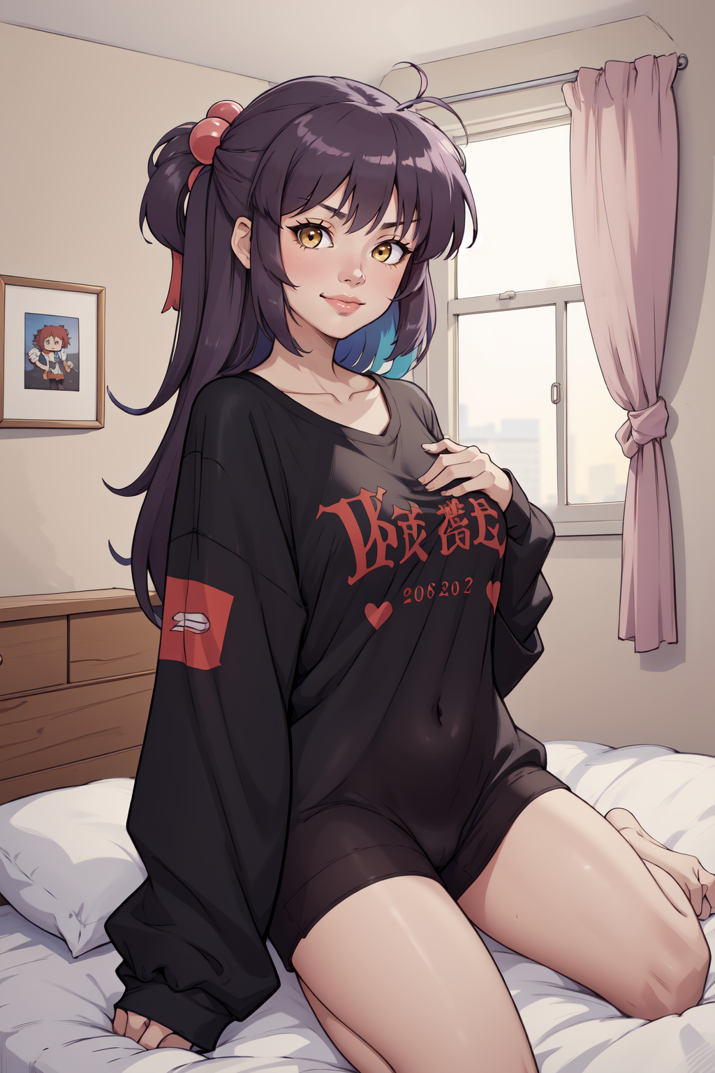 (masterpiece,best quality,absurdres),bedroom,oversized clothes,chibi,1girl, futaki kanata, hair bobbles,slight smile,yellow eyes  <lora:littlebusters_futaki:1>  <lora:Oversized Clothes 2_400740:.7>