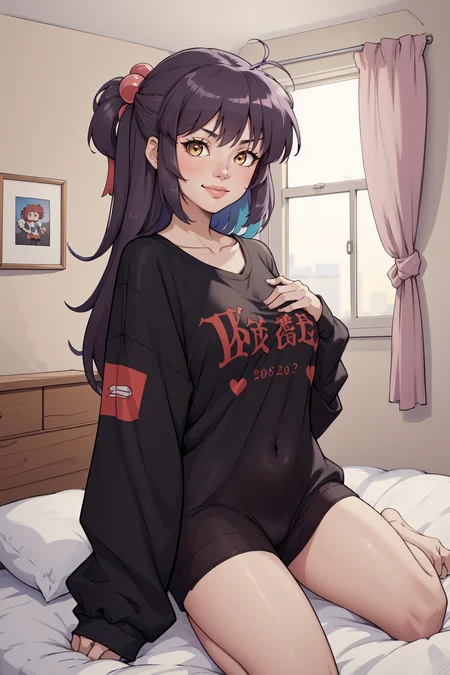 (masterpiece,best quality,absurdres),bedroom,oversized clothes,chibi,1girl, futaki kanata, hair bobbles,slight smile,yellow eyes <lora:littlebusters_futaki:1> <lora:Oversized Clothes 2_400740:.7>