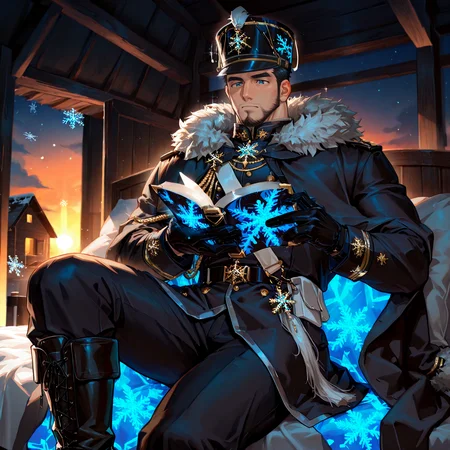 (sitting on a bed, sunset, backlight, orange sky, indoor, wooden house, bed sheet, pillow, reading a book)
<lora:face_Edwin__Alchemist_Code-000004:.7>, tagatameedwin, 1boy, black hair, dark blue eyes, short hair, solo, male focus, manly, bara, mature male, muscle body, shako hat, fur trim, snowflakes pin, coat, aiguillette, shirt, sash, gloves, glowing pattern, tassel, pants, boots,
cowboy shot, 
(very short hair, beard, bara, mature, facial hair, stubble, beard, full beard, sideburn, beard, a lot of beard, ), facial hair,male focus, muscular male, muscular male, bara, mature,  bara, mature, aixiwuganda_(20222192), very awa, masterpiece, best quality, absurdres, newest, perfect quality, detailed background, intricate details,
<lora:slider_Body Type_alpha1.0_rank4_noxattn_last:3><lora:Anime Summer Days 2 Style SDXL_LoRA_Pony Diffusion V6 XL:.6><lora:slider_cfg_scale_boost:.7><lora:Artist6p:.55>, Artist6p, Artist04p,<lora:slider_il_brightness_slider_d1:-1><lora:slider_il_contrast_slider_d1:-1><lora:slider_DarkSlider1.2_alpha1.0_rank16_full_300steps:-.6><lora:slider_contract_controller_illus01_v1:.5>,