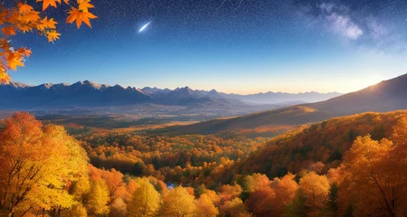 Scenery, mountain vistas, floating leaves, autumn, light and shadow, dream, shooting stars in the sky,evening