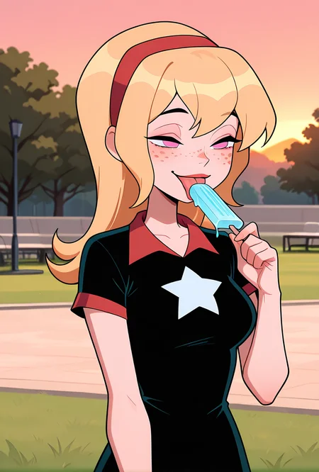 ((cartoon, screencap)), <lora:lucybig:1>, solo, lucybig, long hair, blonde hair, red hairband, pink eyes, lipstick, short sleeves, star (symbol), short dress, black dress, freckles, tongue, half closed eyes, dynamic pose, public park, golden hour, licking ice-cream, orange lighting, smile, upper body, grass, sunset lighting,, masterpiece, best quality, amazing quality, very aesthetic, absurdres, newest,