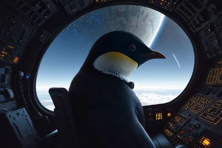 absurdres, 8k, mysterious, excellent shot composition, well framed photograph, photorealistic, atmospheric reentry, (inside cockpit of futuristic aircraft:1.2), outdoors, (penguin in pilot's hat), extremely high altitude, curvature of space earth visible, edge of space, edge lit