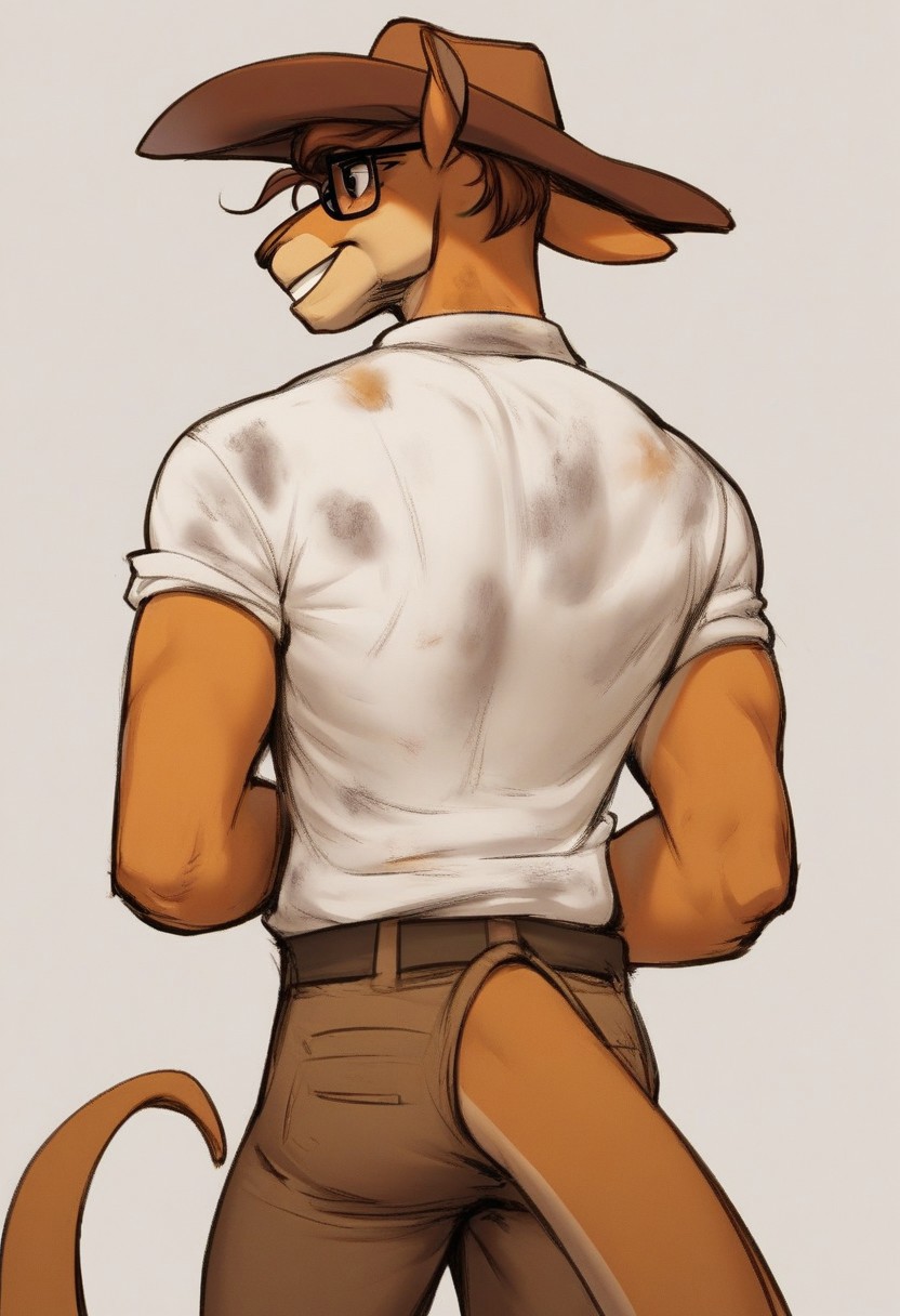 score_9, score_8_up, score_7_up, score_6_up, (glasses:1.2), (spectacles:1.4), score_5_up, grinning, smiling, source_furry, kangaroo, anthro, muscular, twink, lean, indiana jones, cowboy hat, looking forward, looking directly away, dirty clothes, shirt, brown trousers, lizard tail, simple background, highly detailed, sketch, bold lines, looking right, (looking away:1.2), (back to camera:1.3), <lora:Forgewielder_Style_PONY_XL:1>