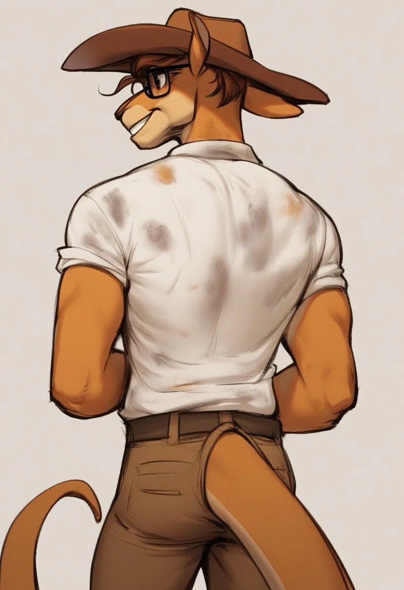 score_9, score_8_up, score_7_up, score_6_up, (glasses:1.2), (spectacles:1.4), score_5_up, grinning, smiling, source_furry, kangaroo, anthro, muscular, twink, lean, indiana jones, cowboy hat, looking forward, looking directly away, dirty clothes, shirt, brown trousers, lizard tail, simple background, highly detailed, sketch, bold lines, looking right, (looking away:1.2), (back to camera:1.3), <lora:Forgewielder_Style_PONY_XL:1>
