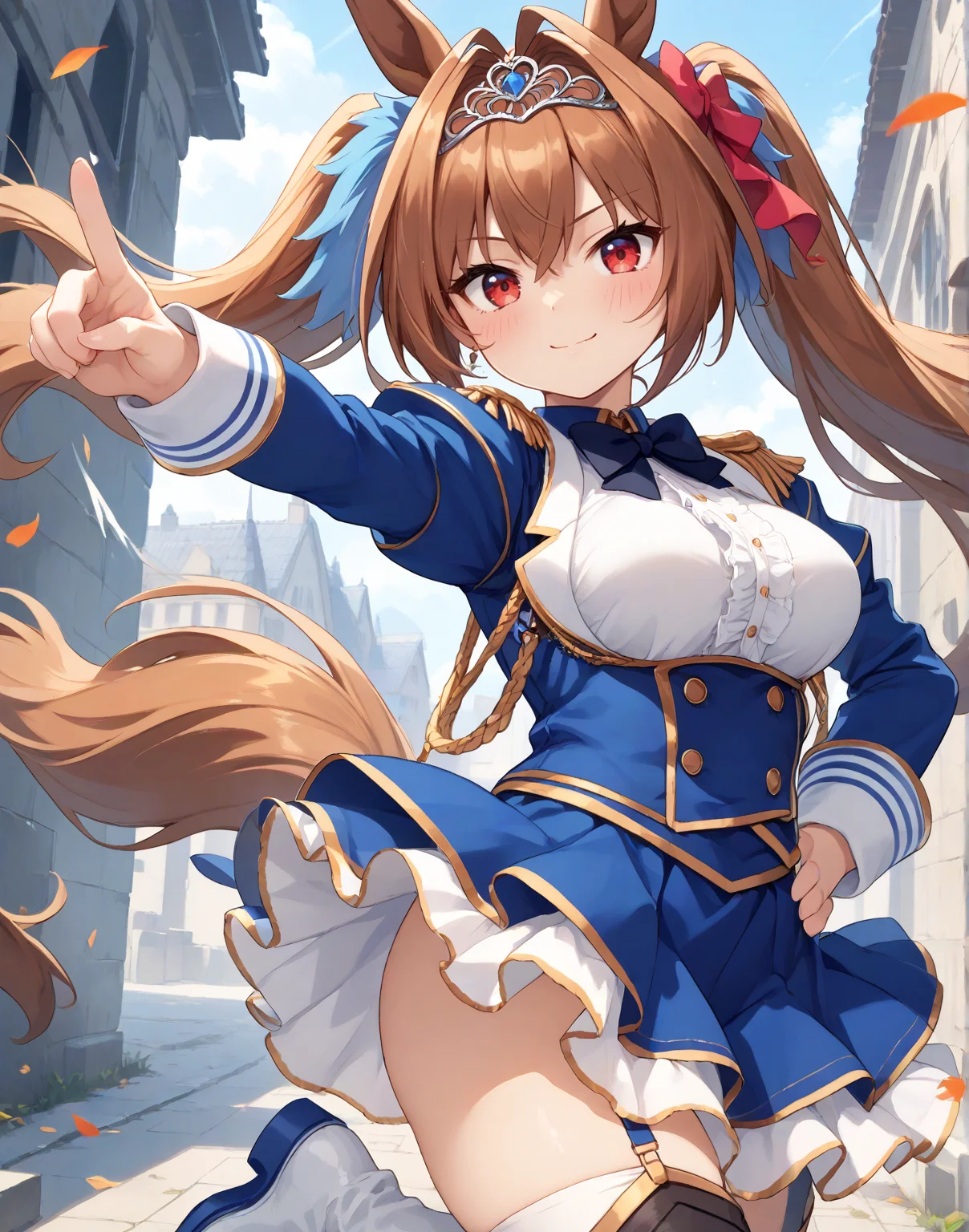 score_9, score_8_up, score_7_up, official art, masterpiece, high quality, megami magazine, official style, game cg, 1girl, (looking at viewer:1.4), (closed mouth:1.0), , smile, blush, dynamic pose, from side, ,
Dasuka,horse tail,  horse ears, brown hair, very long hair, bow,  hair intakes, red eyes, <lora:Dasuka-ponyXL:1>,
Dasuka_Race, twintails, epaulettes, skirt, long sleeves, tiara, garter straps, thighhighs, white footwear, boots, 
,