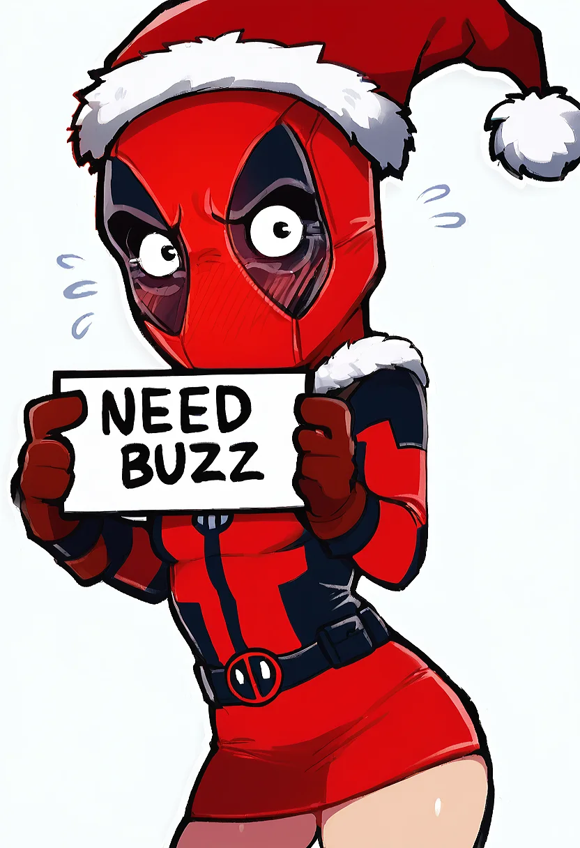 <lora:Lora\Floox_2.0:0.6> <lora:Lora\StickerNoobLocon_byKonan:1> <lora:Lora\add-detail-xl:2> sticker, colorful, outline, chibi, masterpiece, best quality, very aesthetic, absurdres, chibi deadpool, (red tubetop with fur trim, red mini skirt with fur trim, santa hat), embarrassed face, cristmas theme, looking at the viewer, (Holding a sign that says ("Need Buzz")), hd, simple background, white background