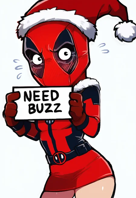 <lora:Lora\Floox_2.0:0.6> <lora:Lora\StickerNoobLocon_byKonan:1> <lora:Lora\add-detail-xl:2> sticker, colorful, outline, chibi, masterpiece, best quality, very aesthetic, absurdres, chibi deadpool, (red tubetop with fur trim, red mini skirt with fur trim, santa hat), embarrassed face, cristmas theme, looking at the viewer, (Holding a sign that says ("Need Buzz")), hd, simple background, white background