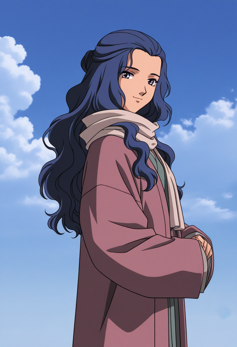 masterpiece, best quality, source_anime,official art,perfect_anatomy,2000s_\(style\),retro_artstyle,1girl,solo,Shoukei,purple_eyes,blue_hair,long_hair,wavy_hair,scarf,Antique Hanfu,winter_clothes,sleeves_past_wrists,looking_at_viewer,anguish smile,cowboy shot,hip,from side,day,blue_sky,cloud