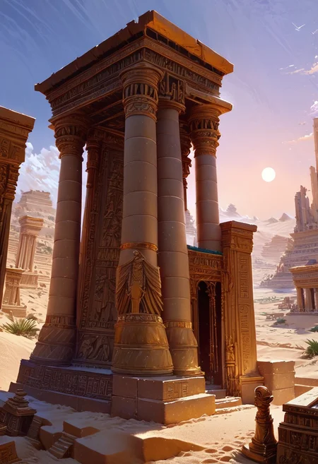 score_9, score_8_up, score_7_up, masterpiece, landscape, sand, desert, Ancient Egyptian architecture, buildings, sun, epiCPhoto