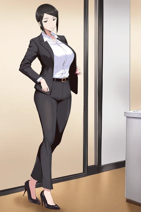 masterpiece,aunt kana,1girl,breasts,pants,solo,formal,suit,shirt,belt,looking at viewer,collared shirt,mature female,high heels,office lady,<lora:Aunt_Kana:0.8>,aunt kana,