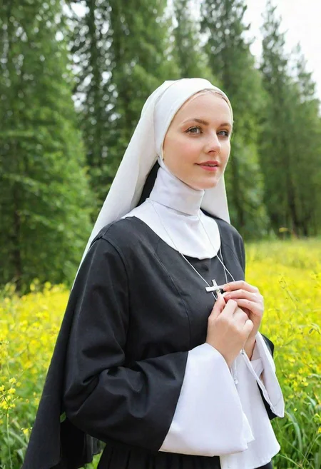 Beautiful woman wearing nun outfir outdoors, 35 years old