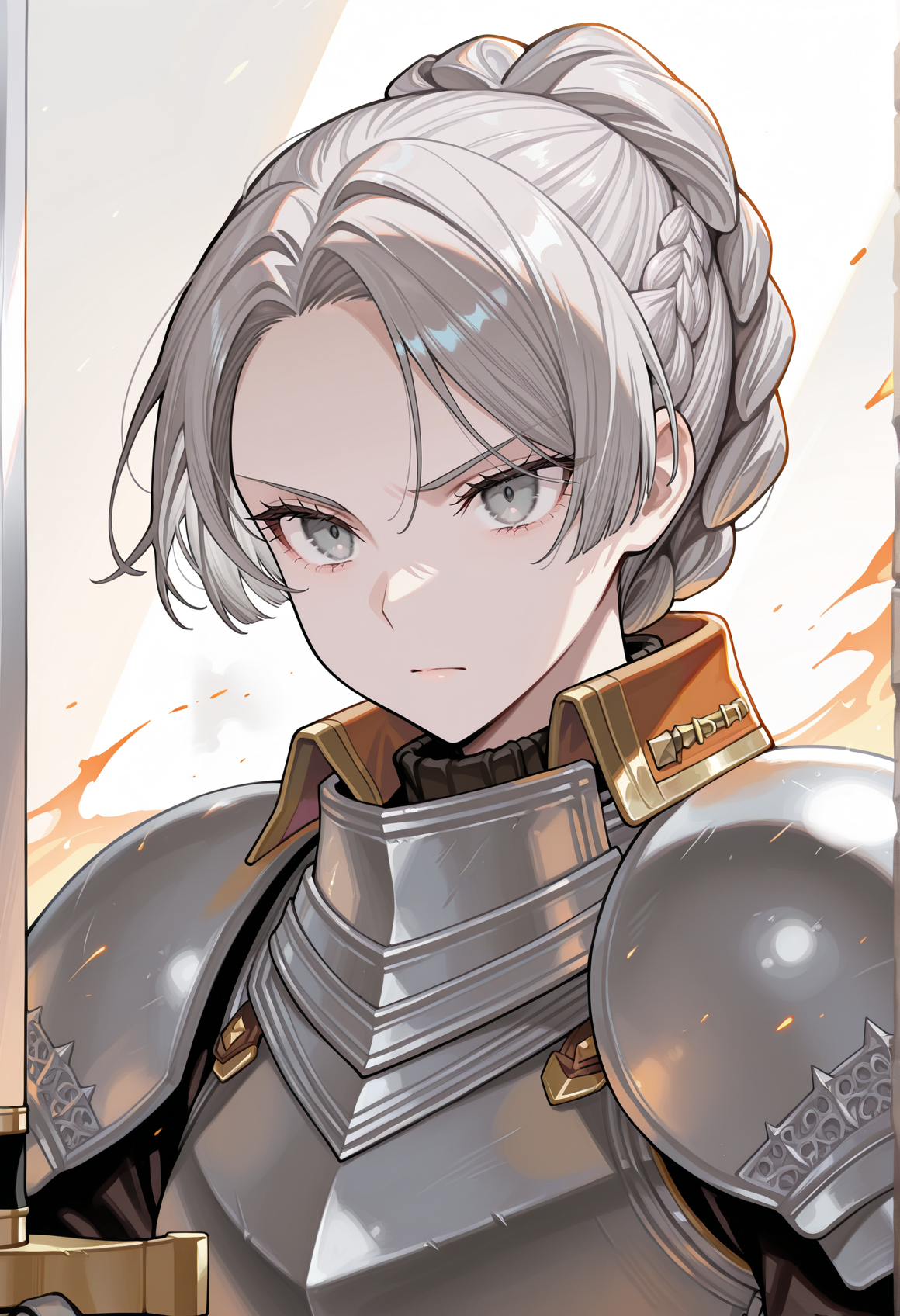 1girl, solo,  long hair, grey hair, gray eyes, single hair bun, braid, orange dress, armor, breastplate, pauldrons, greaves, gauntlets, holding sword, sword on face, serious, portrait  <lora:chris_ligthfellow_illus:1>, masterpiece, best quality, amazing quality, very aesthetic, absurdres, highres, newest