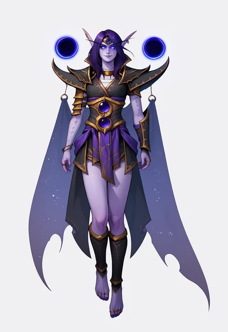 score_9, score_8_up, score_7_up, BREAK,
1girl, xalatah, purple hair, long hair, purple eyes, colored skin, purple skin, glowing eyes,
pointy ears, elf, earrings,
void sphere,
anklet, armor, bracelet, bracer, pauldrons, shoulder armor, vambraces,
cape, starry sky print,
barefoot, toe ring, toenails, floating,
evil smile, full body, looking at viewer, solo, simple background, white background <lora:XalAtahXL_byKonan:1>