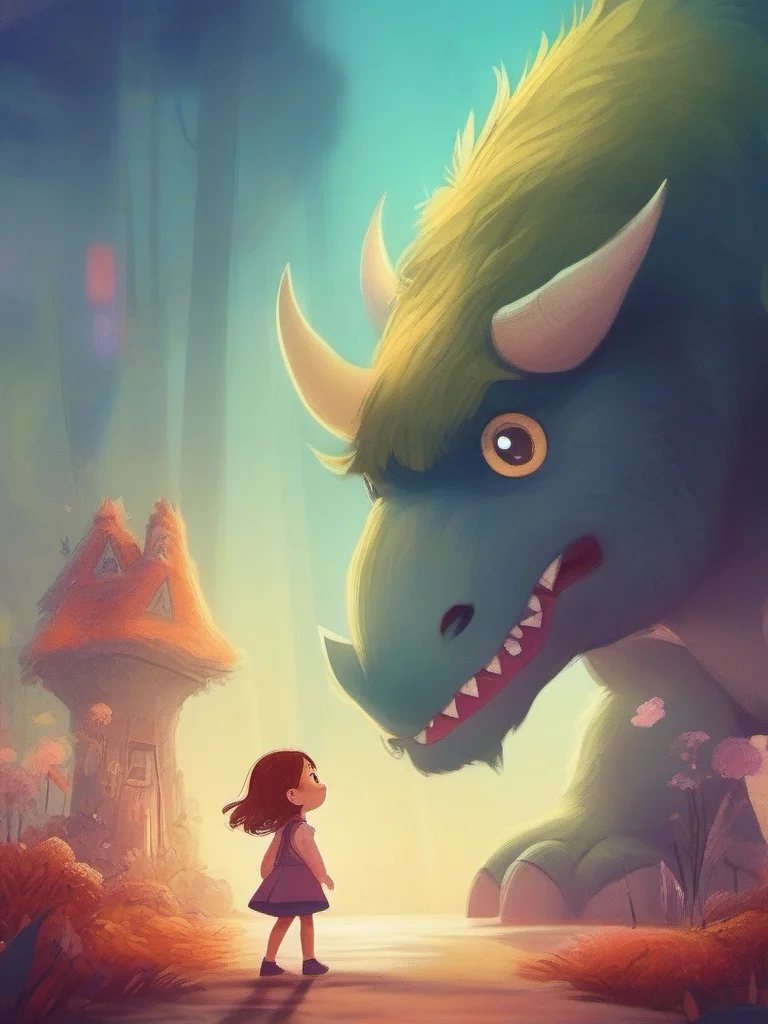 A little girl is standing in front of a giant monster., <lora:kids:1> illuillustration,