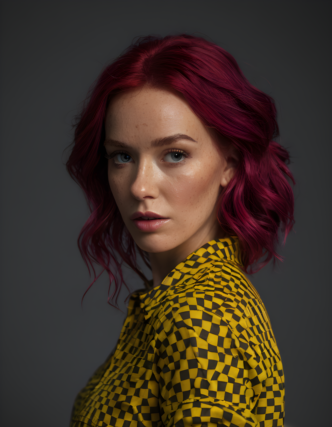 realistic skin texture, freckles, hasselblad H5D-50c, realistic photo of a beautiful woman with medium length magenta hair and a large breasts, dressed in a checkered yellow shirt and large pants, hyperrealistic, highly detailed, trending on artstation, dramatic lighting, cinematic concept art, smooth, sharp focus, illustration, art by artgerm and greg rutkowski and alphonse mucha