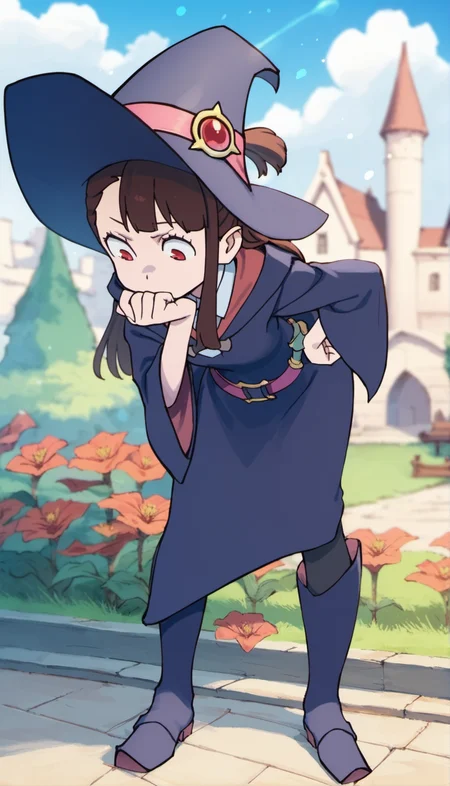 score_9,score_8_up,score_7_up,
<lora:AtsukoKagari:0.9>,akkokagari,
1girl, solo, brown hair, long hair, bangs, short ponytail, red eyes, pondering, looking down, witch hat, witch robe, white collar, pink belt with wand hanging on it, witch knee boots, full body, standing, leaning forward, right hand on hip, left hand on chin,
blurry background,outdoors,bloom,light particles,lens flare,cloud,cityscape,magic academy,castle,garden,courtyard,