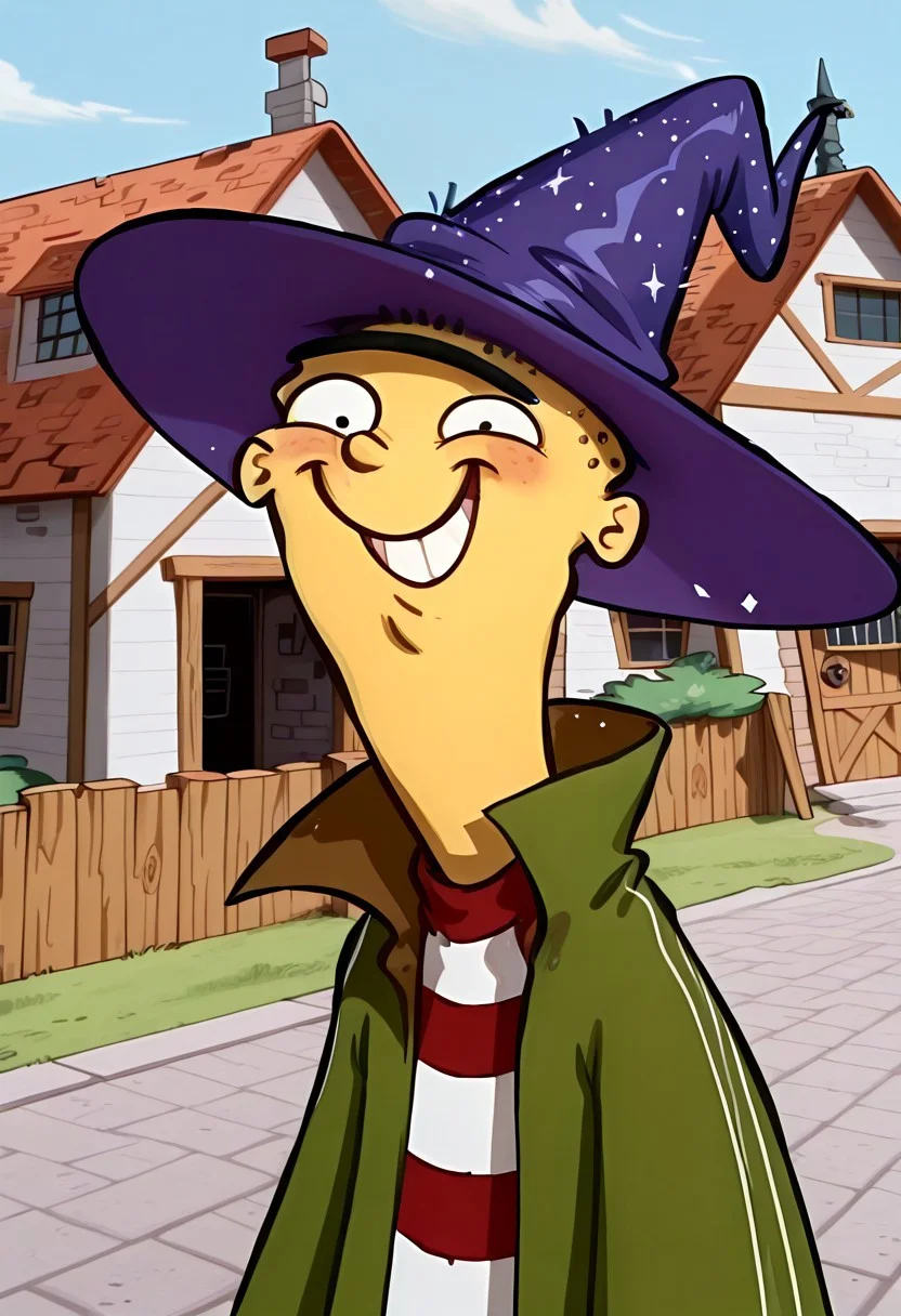 Masterpiece, best quality, 8k, newest, absurdres, highly detailed, 1boy, solo, edboi, mnbrow, green robe, striped red and white shirt, unibrow,
wizard hat, happy expression, houses in background, day,