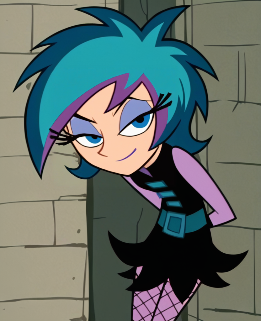 score_9, score_8_up, score_7_up, score_6_up, score_5_up, score_4_up, anime screencap, anime coloring, source_cartoon, flat color, <lora:Lacey_Shadows-000008:0.8> , ls1, short hair, blue eyes, multicolored hair, blue hair, purple hair, eyeshadow, fishnet pantyhose, dress, skirt, eyelashes, looking at viewer, light smile, arms behind back, leaning forward,