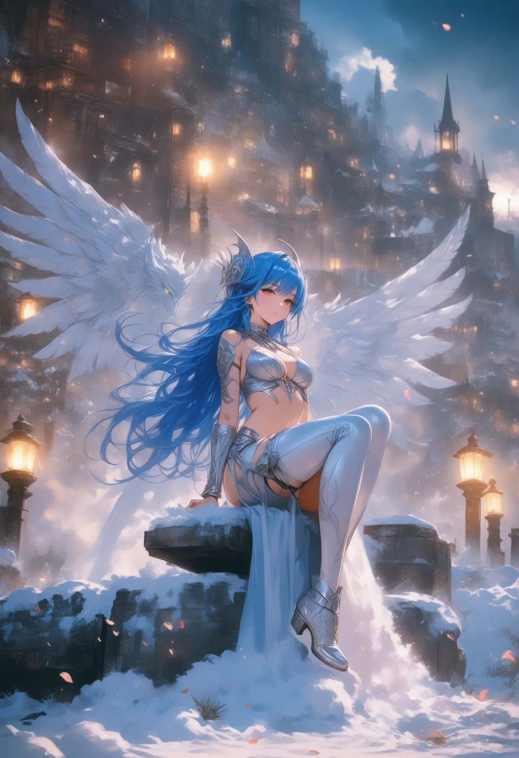 anime artwork masterpiece, high score, great score, absurdres, a woman with blue hair and wings sitting on a rock in the snow with snow falling all around her [20],3d,<lora:Anne Stokes CLIP2-000005:1>,Anne Stokes,fantasy artwork, . anime style, key visual, vibrant, studio anime,  highly detailed