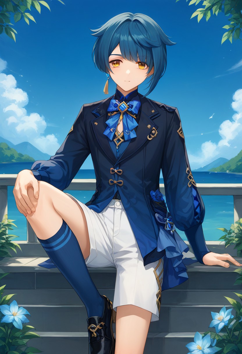score_9, score_8_up, score_7_up, source_anime, highly detailed, 
Xingqiu, 1boy, male focus, solo, dark blue hair, bangs, short hair, yellow eyes, alternate costume, bow, bowtie, blue bowtie, jacket, long sleeves, shirt, shorts, white shorts, socks, kneehighs, blue socks, shoes, black footwear, vision (genshin impact), jewelry, tassel, 
indoor, oriental,