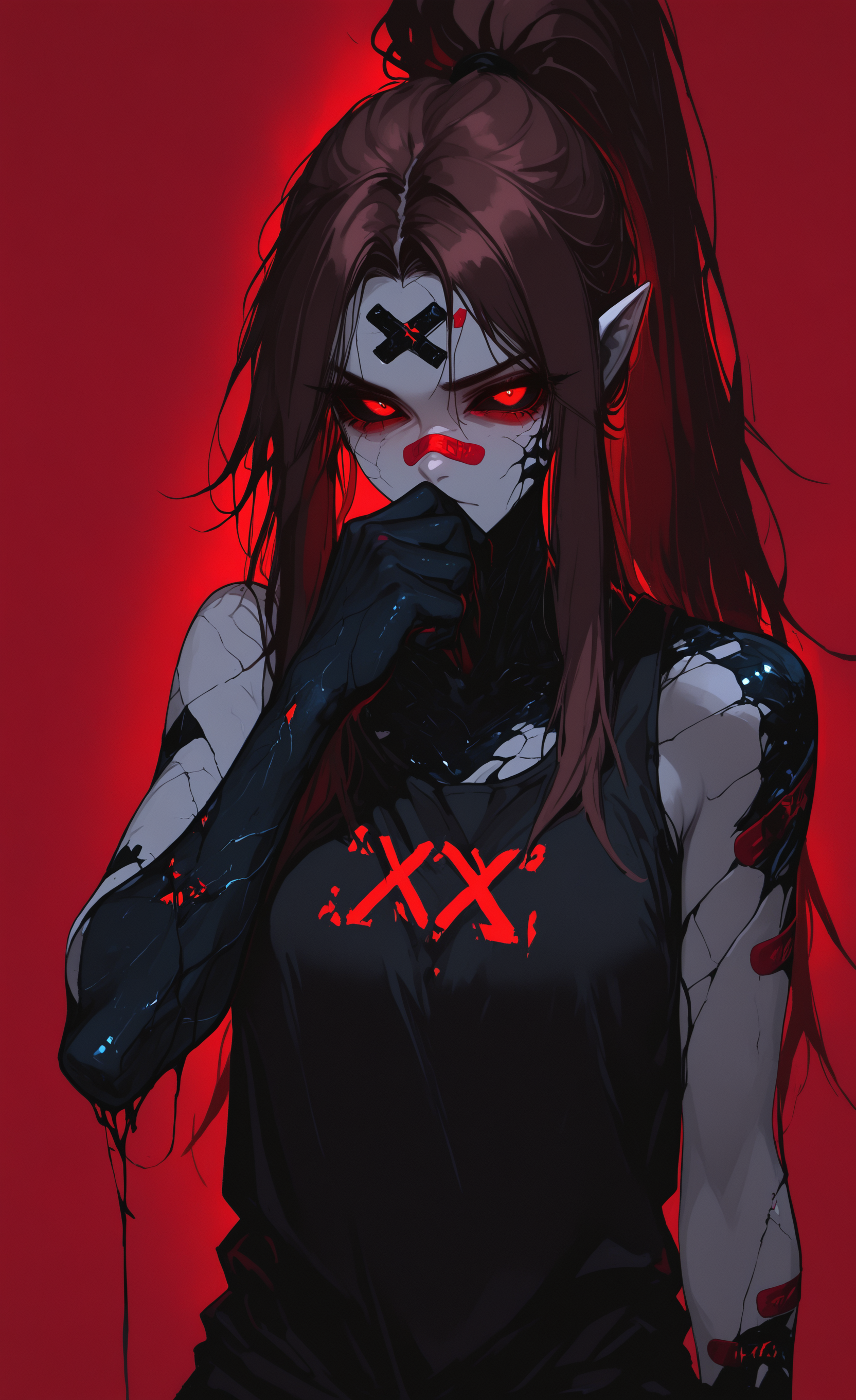 masterpiece, best quality, good quality, very awa, newest, highres, absurdres, 1girl, solo, long hair, looking at viewer, brown hair, red eyes, ponytail, cowboy shot, pointy ears, hand up, colored skin, tank top, bandaid, red background, colored sclera, bandaid on face, black sclera, black tank top, bandaid on nose, black skin, red sclera, too many, bandaid on arm, cracked skin, bandaid on forehead, xxx667_illu, glowing, melanch0ly, retro anime <lora:illustriousXL_stabilizer_v1.23:0.3> <lora:NOOB_vp1_detailer_by_volnovik_v1:0.3> <lora:ponyv6_noobE11_2_adamW-000017:0.3> <lora:XXX667:0.7> <lora:MelancholyAnime:0.8>