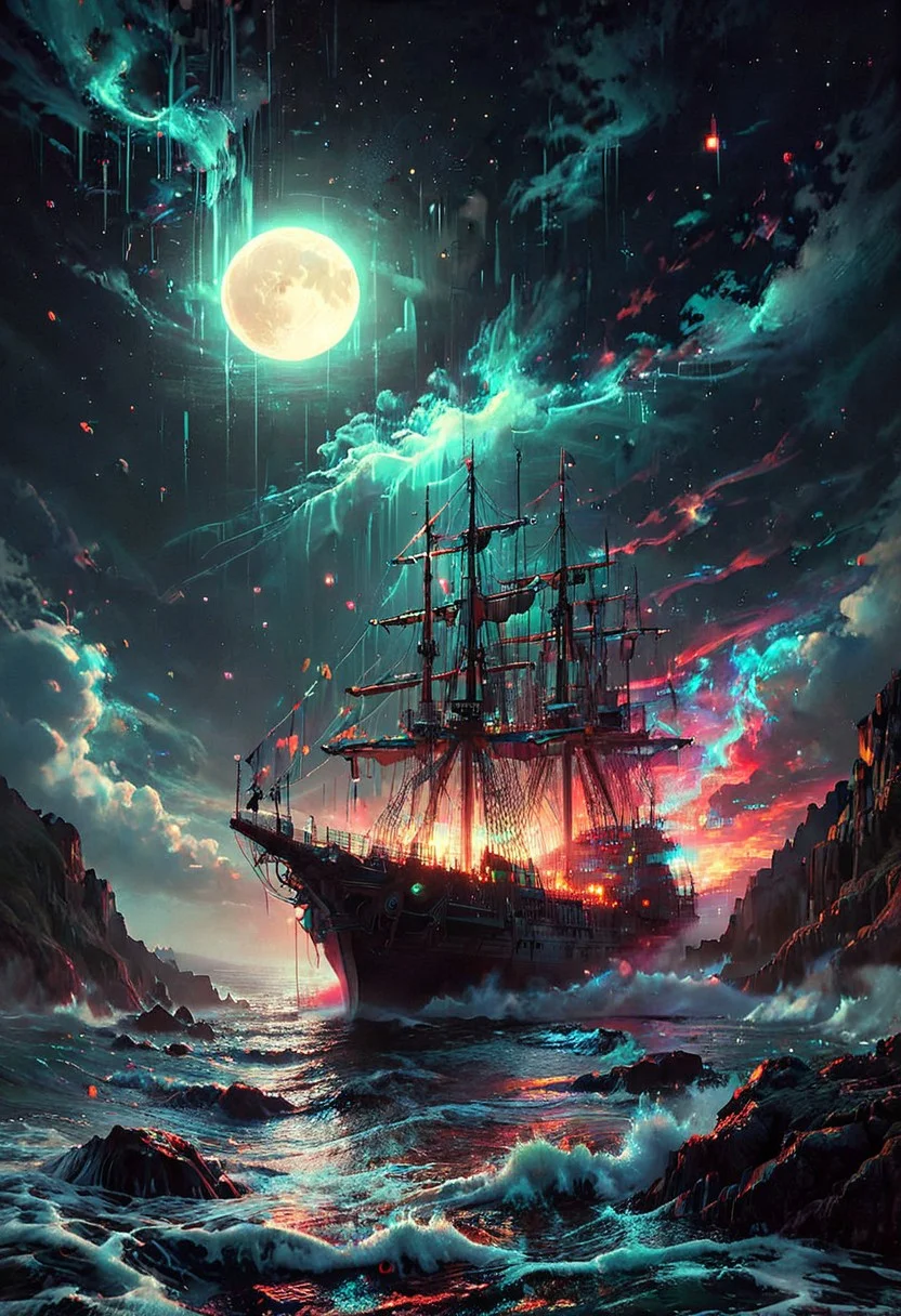glitchstyle, glitch, flickering, digital, glitch style, Under the eerie glow of a full moon, a dark and ominous landscape unfolds. A vibrant, colorful ship stands by the edge of a serene ocean, its vivid hues contrasting starkly with the foreboding atmosphere. In the background, a lighthouse stands atop jagged rocks, its light cutting through the darkness and reflecting off the ocean's surface, glistening in the moonlight. Thick, swirling clouds loom overhead, adding to the sense of an evil presence. The moonlight filters through the clouds, casting an otherworldly glow over the scene. A falling star streaks across the sky, adding a touch of mysticism to the night. The air is thick with a sense of ancient secrets and dark magic, as if the very night is alive with hidden power. romantic impressionism,dream scenery art,beautiful oil matte painting,romantic,style of thomas kinkade,beautiful digital painting,anime landscape,romantic painting,dreamlike digital painting,colorful painting,beautiful gorgeous digital art,style of greg rutkowski,janek sedlar,jenny saville