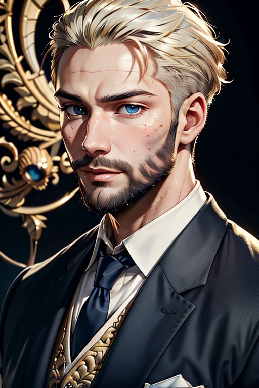 Master piece, highest quality, highest possible OverallDetail, semirealistic,  blue eyes,
Create an elder of a cultivator sect. 
The character looks like he is in his late twenties or early thirties. 
He is bald and has a long blond-golden beard. 
His eyes are blue. Detailed face.