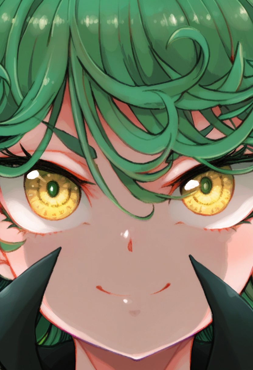 REVAN_STL, hi res, masterpiece, best quality, highres, yellow eyes, smile, long hair, looking at viewer, 1girl, hair between eyes, simple background, closed mouth, portrait, tatsumaki, superpower
