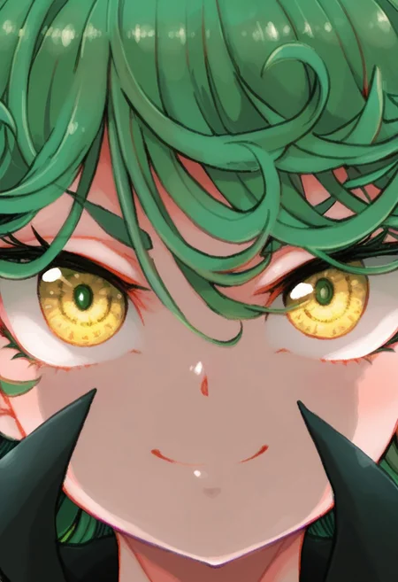 REVAN_STL, hi res, masterpiece, best quality, highres, yellow eyes, smile, long hair, looking at viewer, 1girl, hair between eyes, simple background, closed mouth, portrait, tatsumaki, superpower