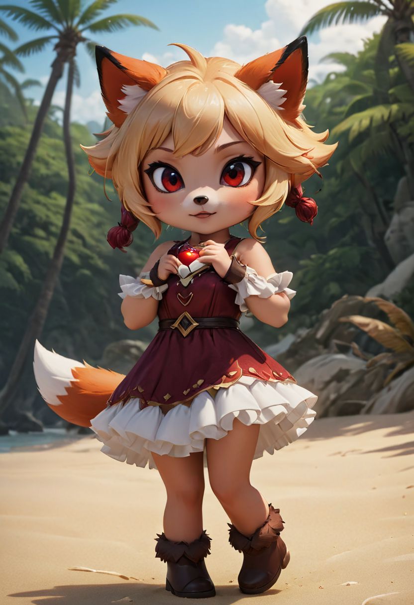 furry fox girl, ((brown fox)), (chibi), 
bad fox, with red big eyes,  beach,
(orange) dress, portrait, long blonde hair,
Hyperrealistic art high-quality portrait flat matte drawing of a cute Nendoroid and cartoon style, anime flat style, thick drawing, medium close-up", (solo:1.2), photorealistic:1.5, 8k, texture skin, realistic skin, detailed skin, highest detailed, extreme detailed, 8k wallpaper, colorful, (dark magic), ring with the stone, (intricate details), (hyperdetailed), 8k hdr, high detailed, lot of details, high quality, soft cinematic light, atmospheric perspective (focus on), color Ink wash painting, Extremely high-resolution details, photographic, realism pushed to extreme, fine texture, incredibly lifelike,