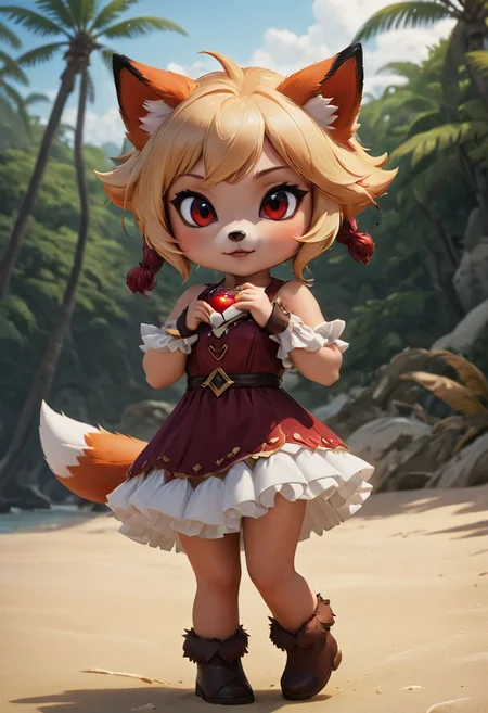 furry fox girl, ((brown fox)), (chibi), 
bad fox, with red big eyes,  beach,
(orange) dress, portrait, long blonde hair,
Hyperrealistic art high-quality portrait flat matte drawing of a cute Nendoroid and cartoon style, anime flat style, thick drawing, medium close-up", (solo:1.2), photorealistic:1.5, 8k, texture skin, realistic skin, detailed skin, highest detailed, extreme detailed, 8k wallpaper, colorful, (dark magic), ring with the stone, (intricate details), (hyperdetailed), 8k hdr, high detailed, lot of details, high quality, soft cinematic light, atmospheric perspective (focus on), color Ink wash painting, Extremely high-resolution details, photographic, realism pushed to extreme, fine texture, incredibly lifelike,
