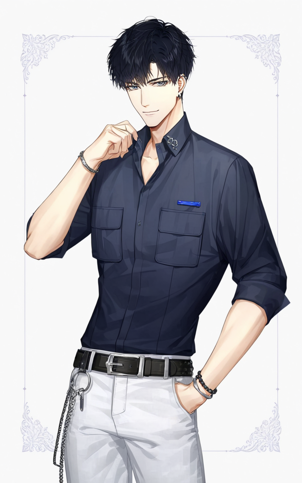 8k, best quality, masterpiece, (ultra-detailed), 
smile, (standing, medium shot, looking at viewer, white background, clean background:1.5), (pseudo-impasto:0.7), (by ask:0.5), (by rella:0.3), (by mochizukikei:0.3), high resolution, intricate details, solo, close up shot, 
<lora:xiaoyi-neta-Tanger-000014:0.8>, 1boy, xiaoyi, male focus,  short hair, 
belt, shirt, black hair, bracelet, jewelry, pants,  pocket,