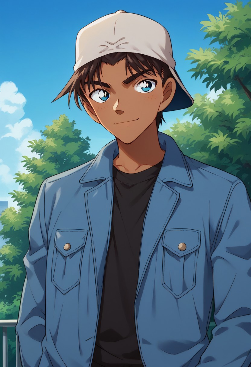 score_9, score_8_up, score_7_up, source_anime, highly detailed,  
heijihattori, solo, 1boy, hat, male focus, dark skin, blue eyes, jacket, dark-skinned male, pants, black shirt, upper body, brown hair, standing, shirt, looking at viewer, smile, baseball cap, backwards cap
outdoor, sky, tree