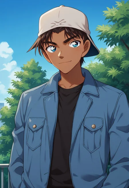 score_9, score_8_up, score_7_up, source_anime, highly detailed,
heijihattori, solo, 1boy, hat, male focus, dark skin, blue eyes, jacket, dark-skinned male, pants, black shirt, upper body, brown hair, standing, shirt, looking at viewer, smile, baseball cap, backwards cap
outdoor, sky, tree