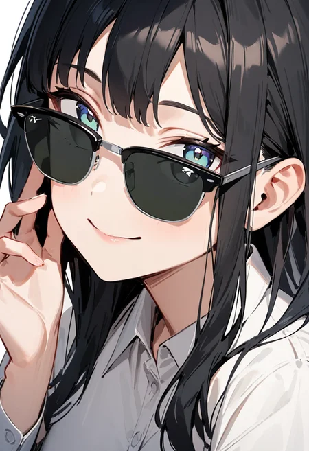 masterpiece, best quality, very aesthetic, absurdres,
1girl, solo, black hair, long hair,
sirmont, sunglasses, darkgreen-tinted eyewear, black-framed eyewear, grey-framed eyewear, two-tone eyewear,
collared shirt, smile, looking at viewer, adjusting eyewear, white background, simple background,
<lora:sunglasses_CLUBMASTER_SDXL_V1:1>