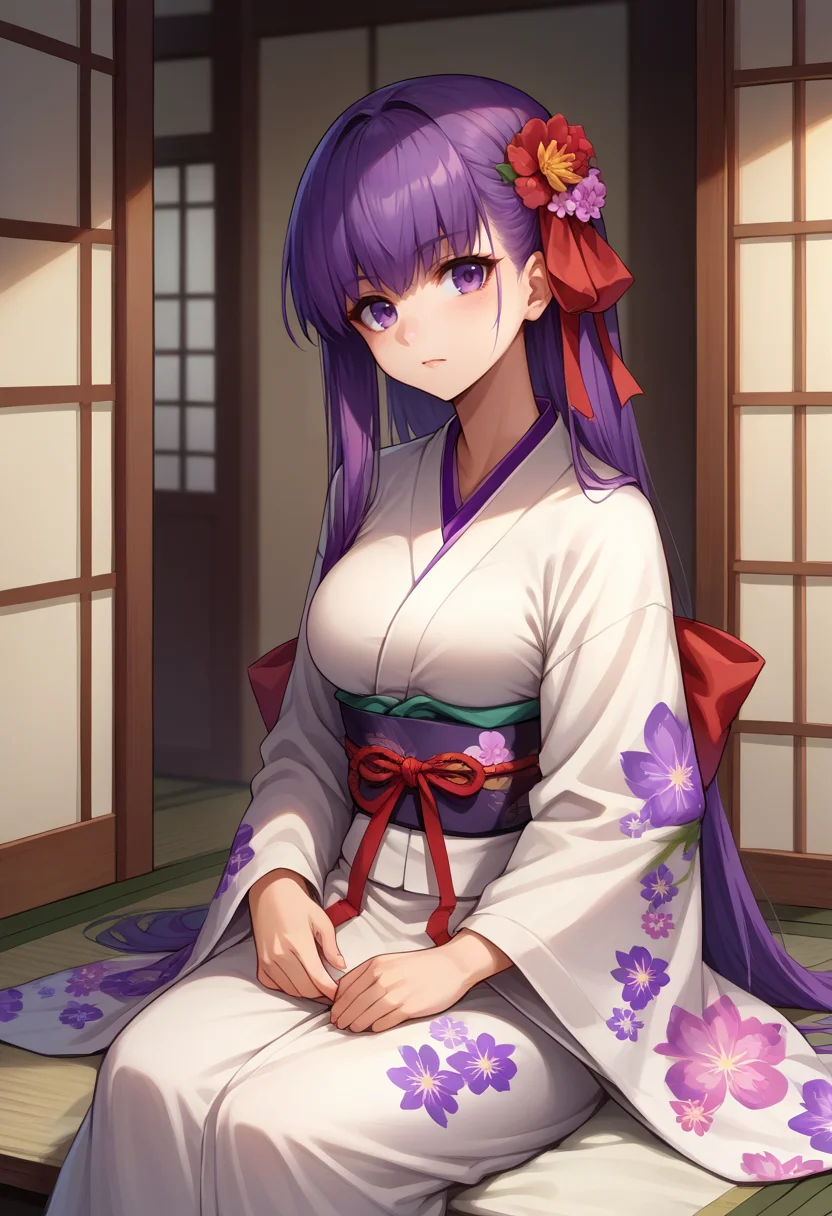score_9, score_8_up, source_anime, 1girl, solo, BBFate, purple eyes, long hair, purple hair, hair ribbon, red ribbon, indoors, kimono, hair flower, floral print, wariza, sitting, <lora:CHAR-BBFatePonyXL:1>