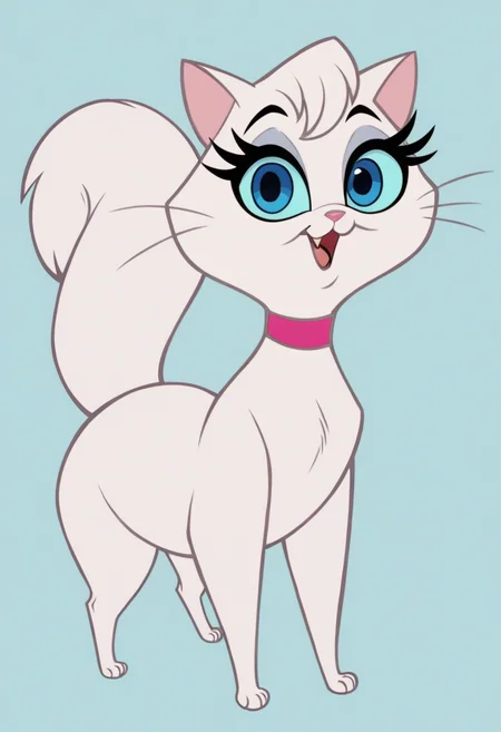 source_cartoon, source_western, source_furry, score_9, score_8_up, score_8, 1girl, <lora:Mewsette:0.65> feral, blue eyes, pink nose, eyelashes, eyeshadow, solo, cat, white fur, no humans, choker, looking at viewer, happy, full body, pink collar, close up, face focus,
light blue background, simple background,
