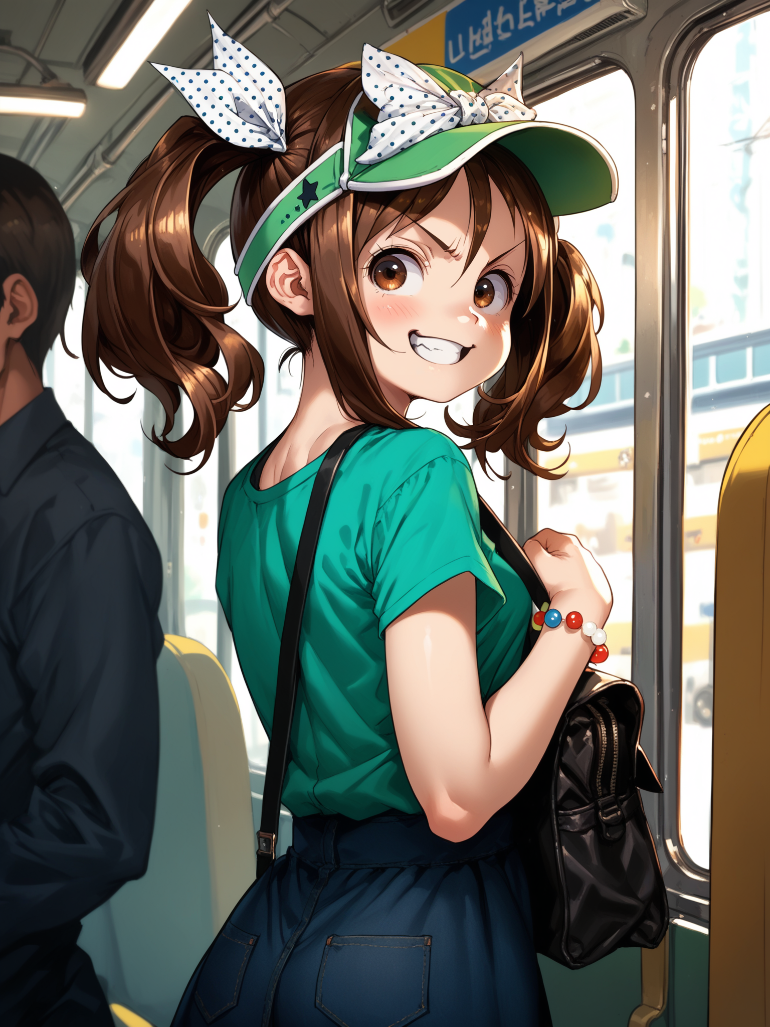 (cowboy shot, solo focus:1.2) <lora:happy_tentacle-haruka-v0.1-000032:0.9>, ht_haruka, brown eyes, brown hair, polka dot ribbon, visor cap, polka dot bow, bracelet (petite:1.2), <lora:Shed_The_Skin's StS_age_slider_v1_initial_release:-1> ( :1.1) ( (head back :0.8) , , (annoyed :1.2) , crazy smile , looking back :1.1) , indoors, ((day :0.6), :0.8), ( window :0.9), (furniture:0.9), , , , , ( :0.9), train interior, alley, formal ( :0.8) score_9, score_8_up, score_7_up, score_6_up, score_5_up, score_4_up, ( [(realistic, photorealistic:1.3):(realistic:1.2):16] [(3d:1.2)::14] :1) <lora:LUUNA's Lunas-NijiJourney-SDXL-B2:0.35>, nijijourney <lora:prgfrg23's Counterfeit-V3.0 Style SDXL_LoRA_Pony Diffusion V6 XL:0.35> <lora:mfcg's mfcgXL:0.12> <lora:reweik's gyokai(himehajime)_PonyXL_style_v01:0.14>
